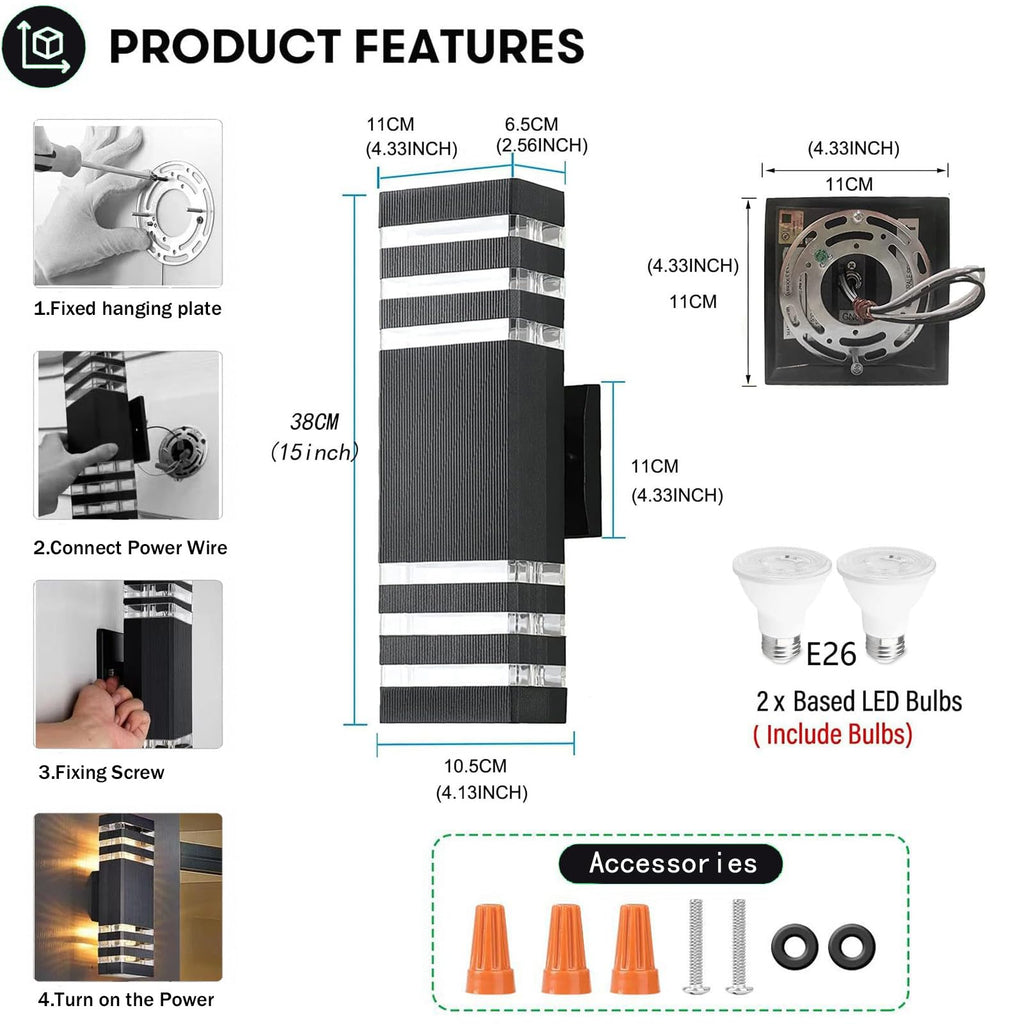 15inch LED Square Up & Down wall Lights, 14W Outdoor Wall Light 4000K Day White Aluminum Body Waterproof IP65 LED