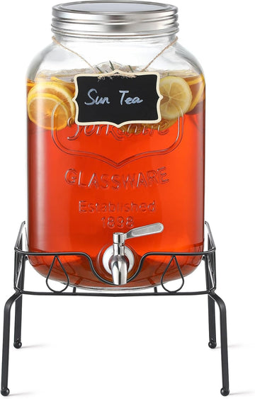 2 Gallon Glass Beverage Dispenser with Stand and Lid, 18/8 Stainless Steel Spigot - Glass Drink Dispensers for