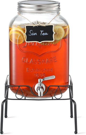2 Gallon with Stand and Lid, 18/8 Stainless Steel Spigot - for Parties - Mason Jar Drink Dispensers with Lids