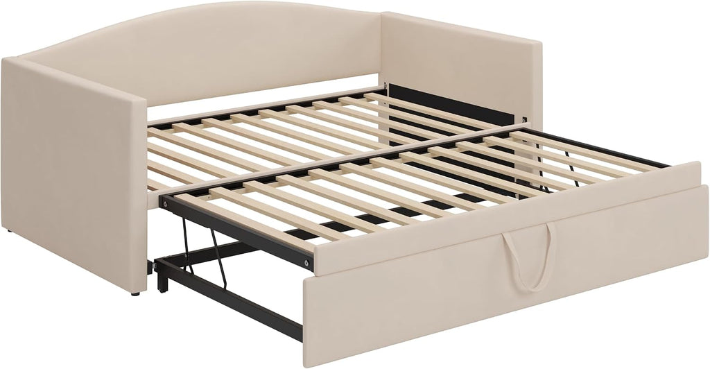 Twin Daybed with Trundle, Velvet Upholstered Day Bed with Pop Up Trundle & Soft Padded Backrest, Twin to King