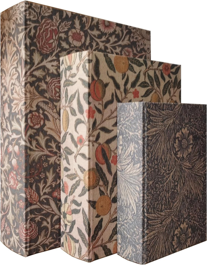 Wooden Book Box Set of 3 - Vintage Floral Designs with Linen Fabric Covers and Magnetic Closure, William Morris Style