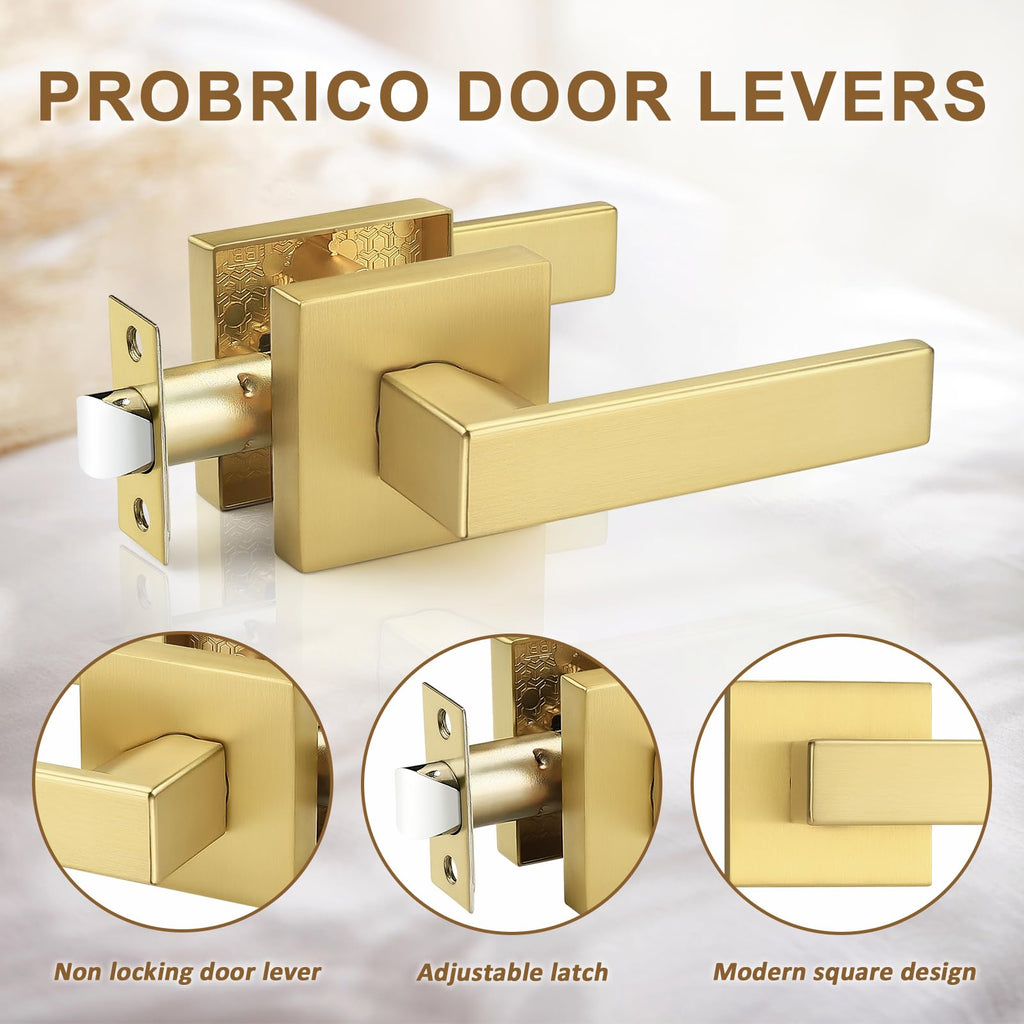 2 Pack Heavy Duty Gold Passage Door Handle,Square Satin Brass Door Lever and Closet, Keyless Reversible No-Locking