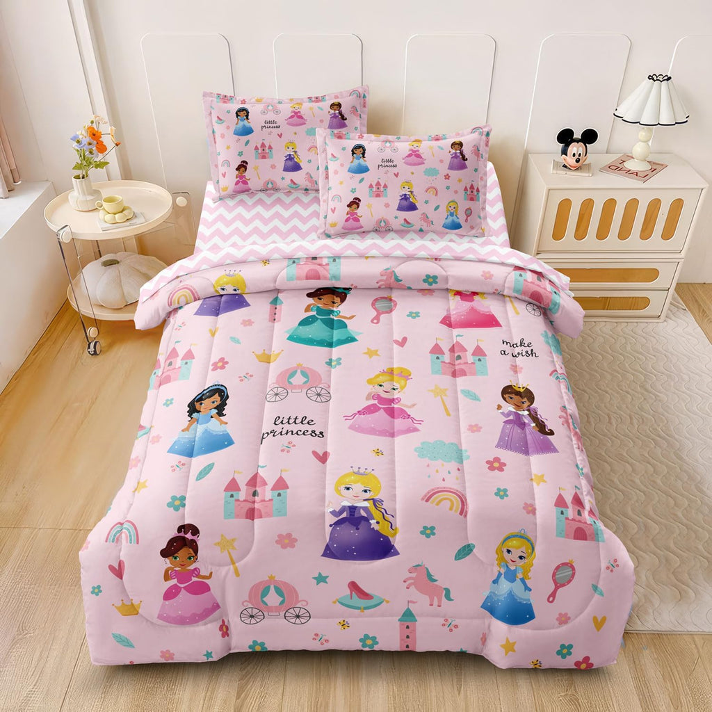 Kids Girls Princess Comforter Set Twin, Pink | Bed in a Bag, 5 Piece Set, Soft Cute Castle Bedding, 1 Comforter, 1