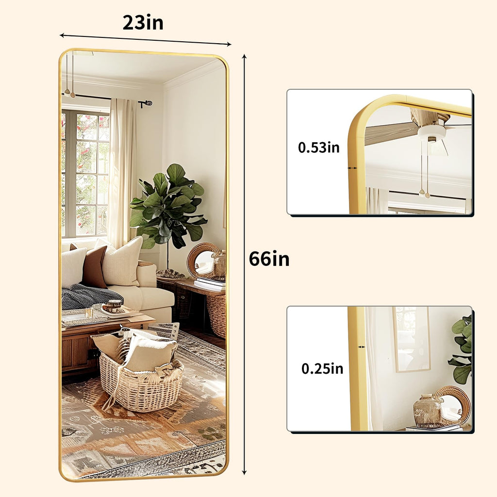 Full Length Mirror 23"x66", Large Floor Mirror with Rectangle Rounded Corners, Gold Aluminum Alloy Frame, Wall Mirror