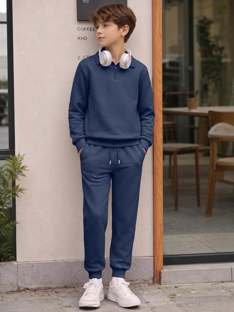 Boys 2 Piece Outfits Quilted Quarter Zip Sweatshirt and Jogger Set