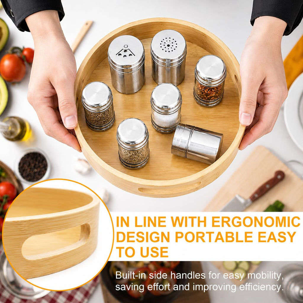 Bamboo Lazy Susan Turntable Organizer 10 in - Round Rotating Spice Rack with Handles,Wood Turntable Cabinet