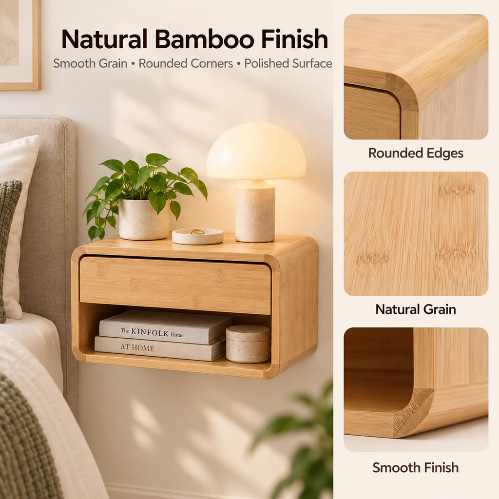 Bamboo Floating Nightstand with Drawer, Wall Mounted Bedside Table, Natural