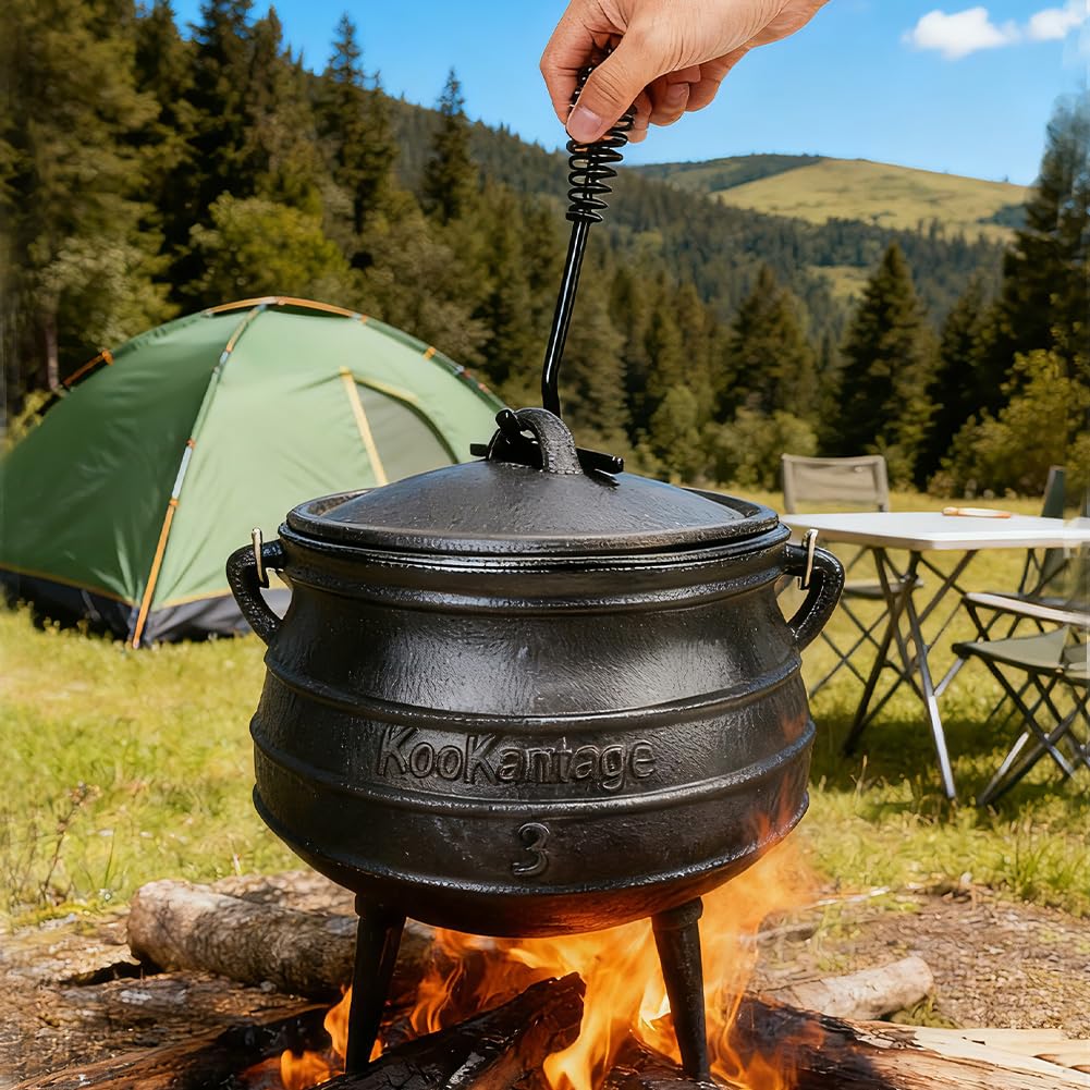 Pre-Seasoned Cast Iron Cauldron - 6 Quart African Potjie Pot with Lid - 3-Legged Dutch Oven for Camping and