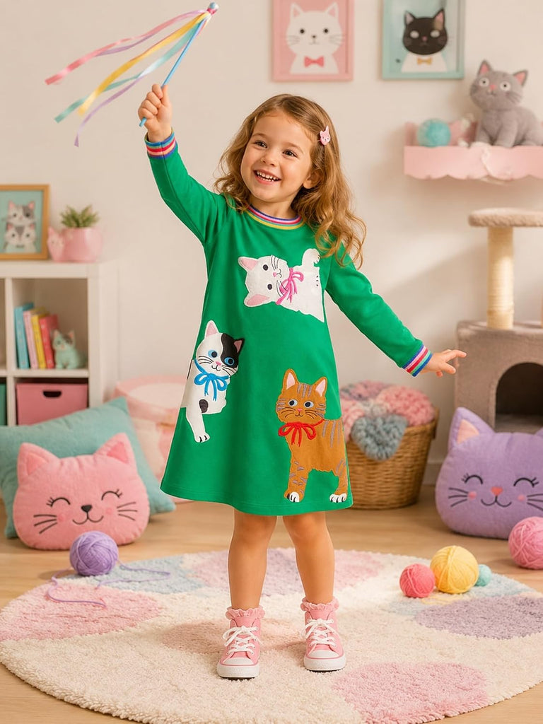 Toddler Girl Long Sleeve Dress Cotton Casual Basic Tunic Dresses Cartoon Applique Dress Kids Fall Winter Clothes