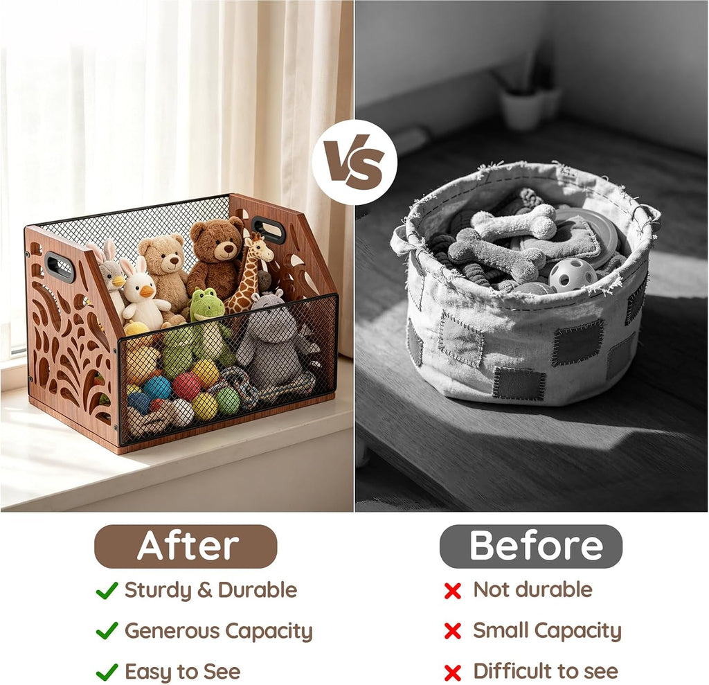 Dog Toy Basket, Chew-Proof Dog Toy Box, Wooden Pet Toy Storage