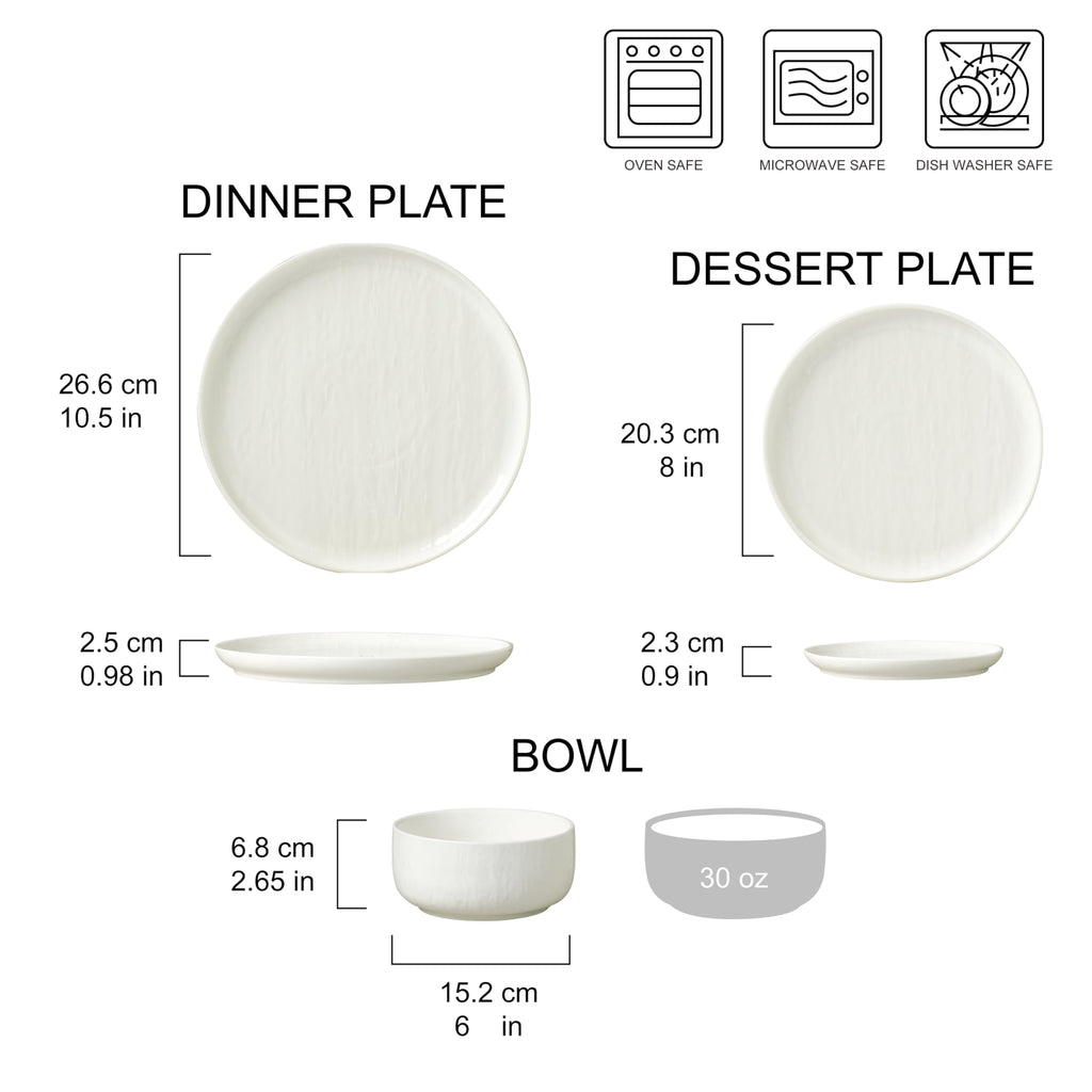 Durable Stoneware Dinnerware Set with Reactive Glaze Finish, 12-Piece, Kai White