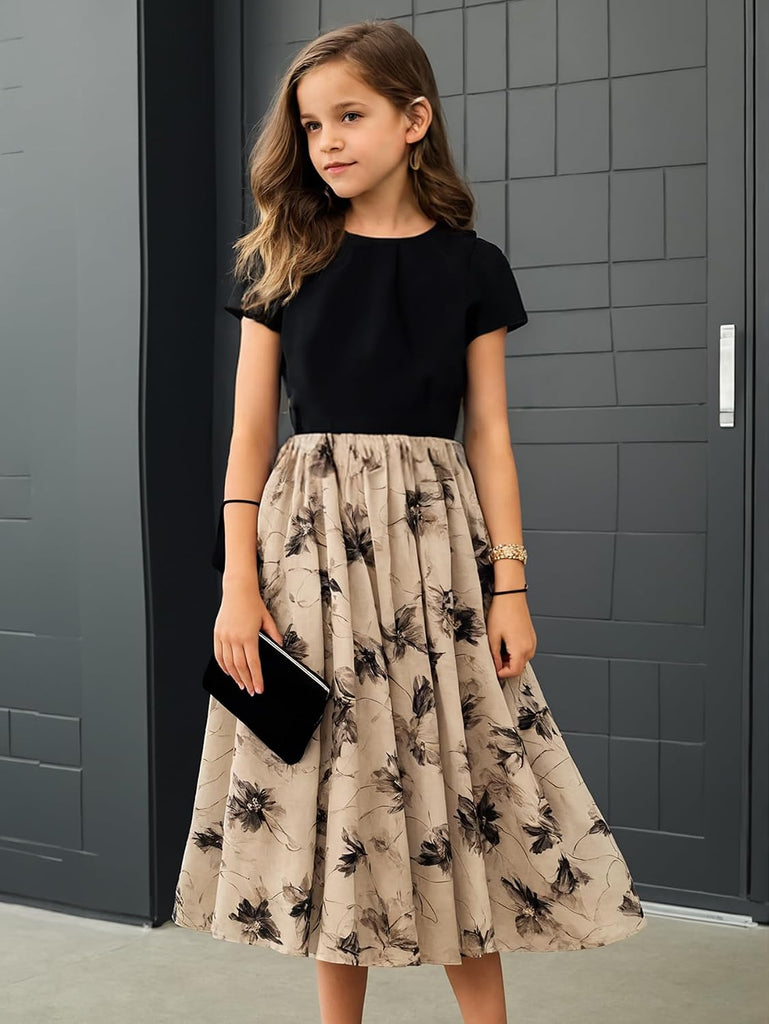 NEW Girls Elegant Dress Short Sleeve A-Line Floral Midi Party Special Occasion