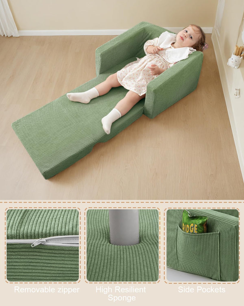 In-1 Kids Chair and Couch, Cozy Corduroy Kids Sofa, Green