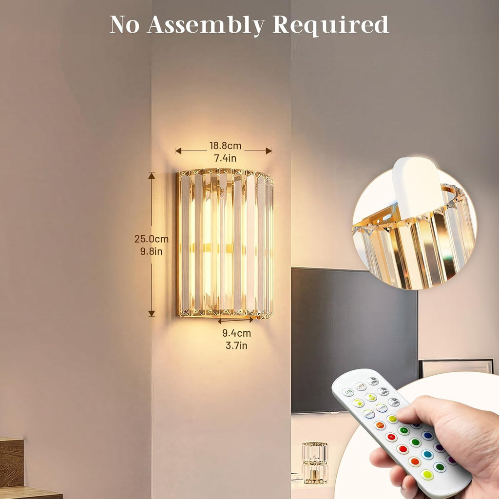 Gold Battery Operated Wall Sconces Set of Two, Crystal Wireless Wall Lights with Remote, Rechargeable Cordless Wall