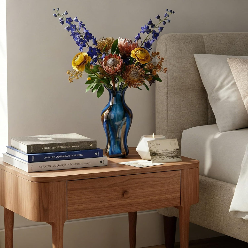 Handblown Art Glass Vase, 12.4" Tall Heavy Duty Decorative Flower Vase with Unique Swirl Pattern, Modern Murano Style