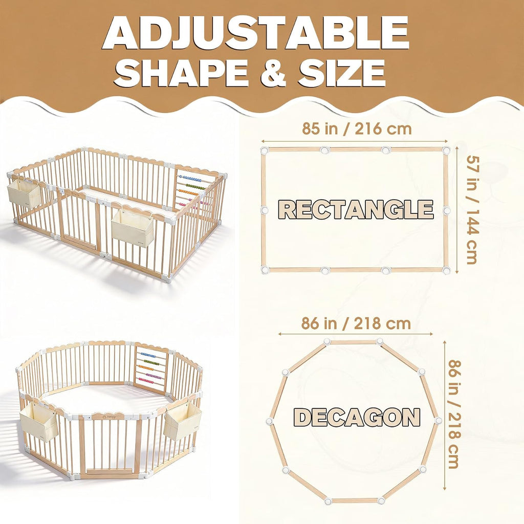 Foldable Wooden Baby Playpen, Adjustable Safety Playpen, 86x57x25in | Adjustable Shape & Size with 2-Pack Storage