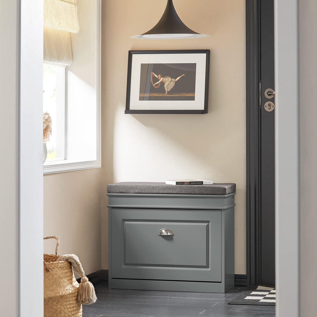 Grey Hallway Shoe Bench, Narrow Shoe Rack with Adjustable Shelf, Small Shoe Cabinet with 1 Flip-Drawer and Seat