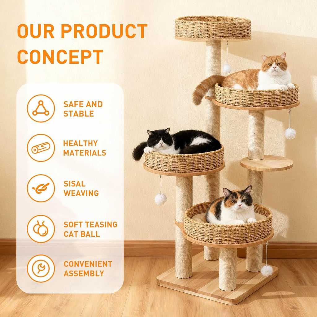 54in Solid Wood Cat Tree for Indoor Cats, Modern Tall Cat Tower