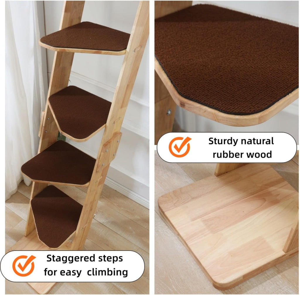 Modern 70" Tall Natural Wood 6 Level Leaning Cat Climbing Ladder Tree Tower with Large Perch Platform for Wall