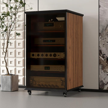 AV Stereo Media Solid Wood Storage Cabinet Adjustable Shelves, Movable AV Equipment Cabinet Display Stand with Cooling