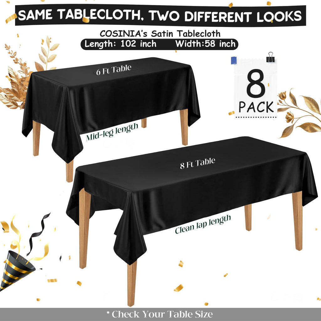 8 Pack Black Satin Tablecloth 58 x 102 Inch Overlay Seamless Design