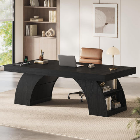 70.9 Inch Executive Desk, Large Office Desk with Power Outlet & Storage Shelves