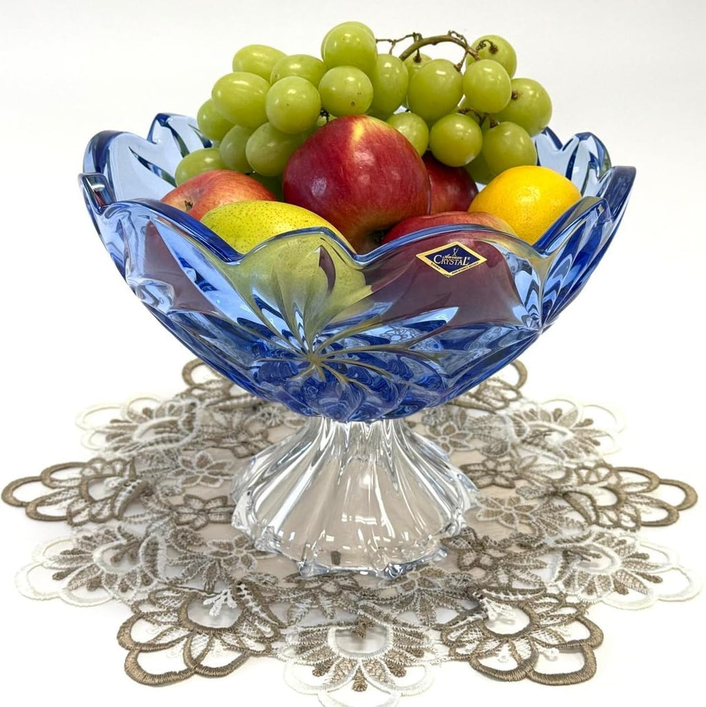 11.25-Inch Bohemian Crystal Footed Fruit Bowl FLORA, Gift Platter, Crystal, Deep Plate, Blue