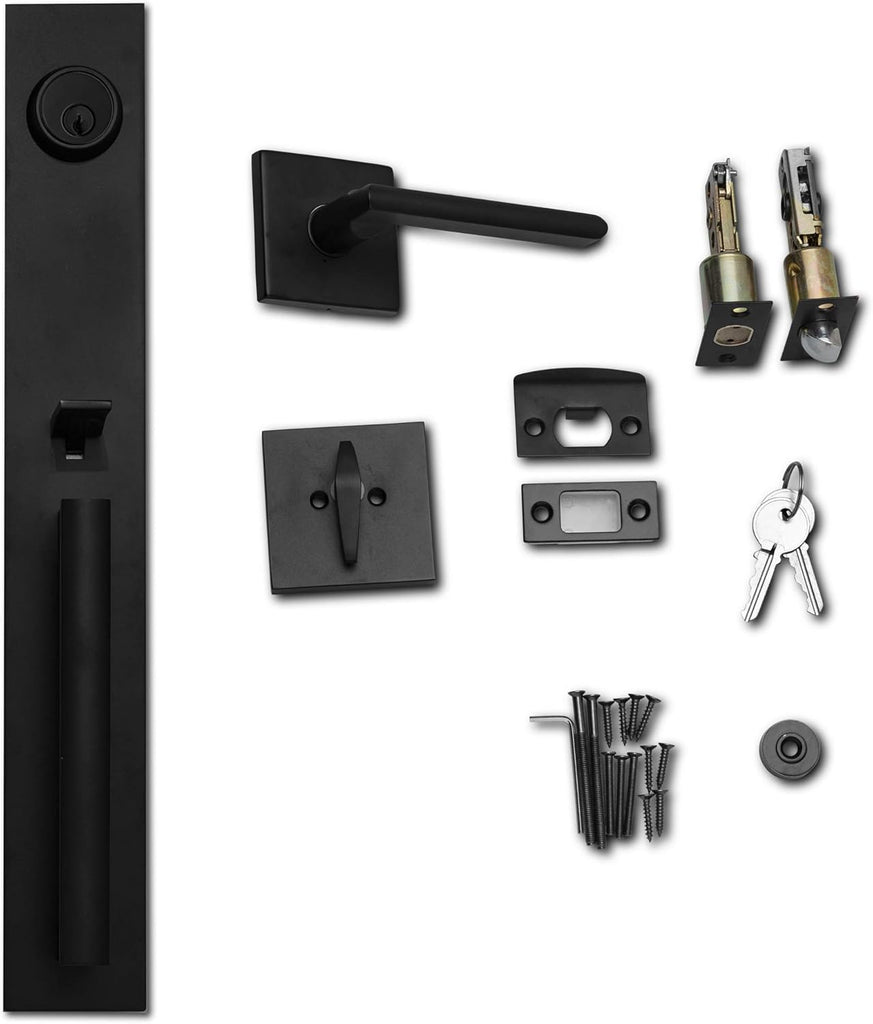 Full Escutcheon HandleSet Front Door Entry Handle and Deadbolt Lock Set Slim Square Single Cylinder Deadbolt and - Door Handleset