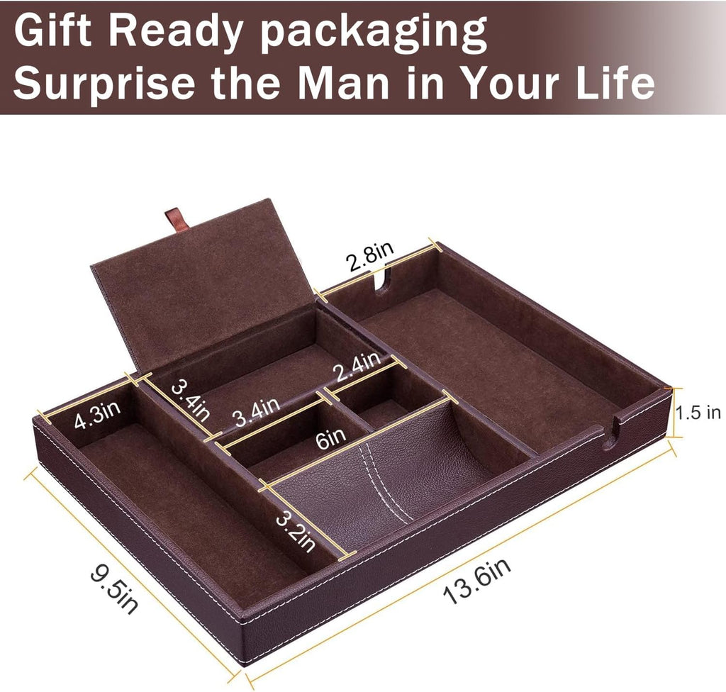Mens Nightstand Organizer, Leather Valet Tray for Men, EDC Catchall Tray with Phone Charging Station, Dresser Top