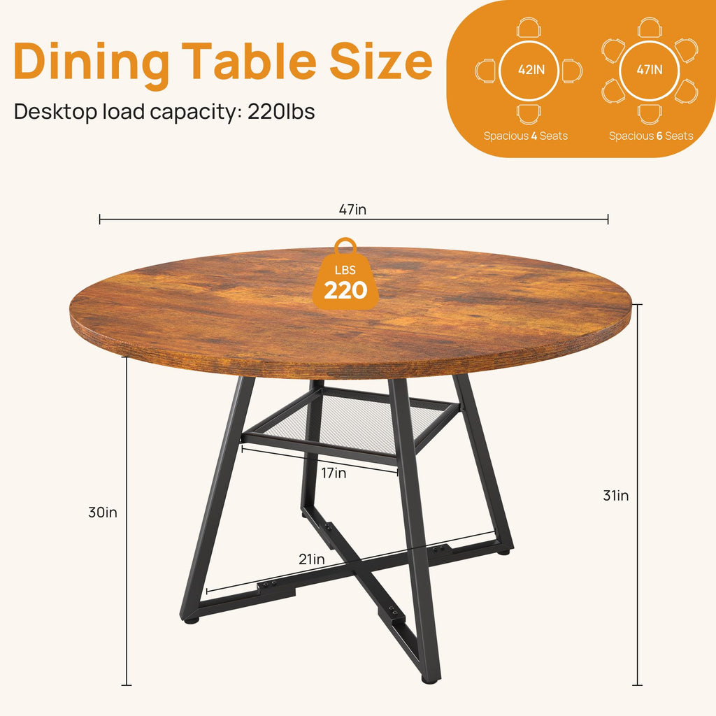 47" Round Dining Table for 4-6, Farmhouse Kitchen Table with Storage Shelf, Wood Circle Table with Pedestal Metal