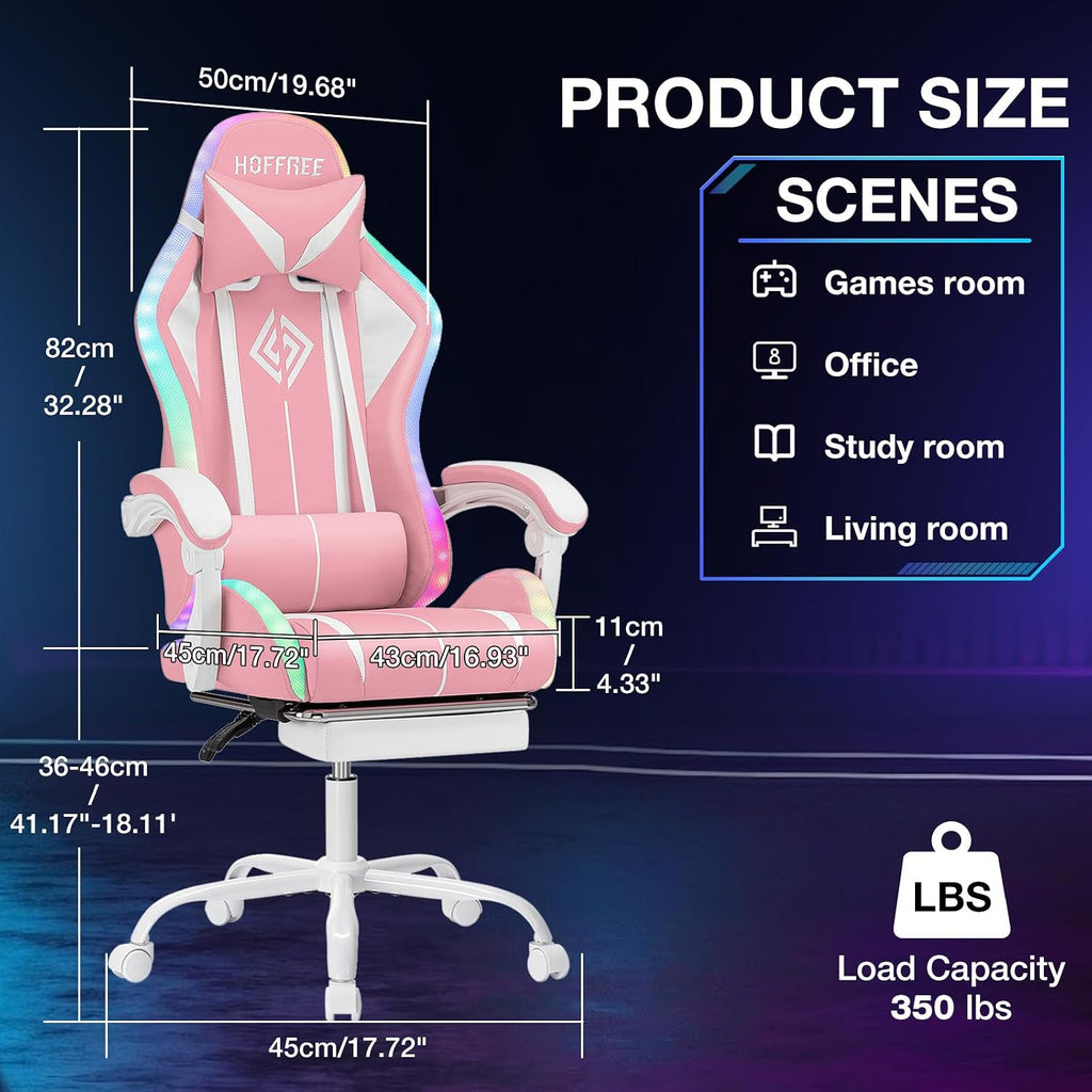 Pink Gaming Chair with RGB LED Lights Massage Computer Chairs for Girls | High Back Video Game Chair with Footrest &