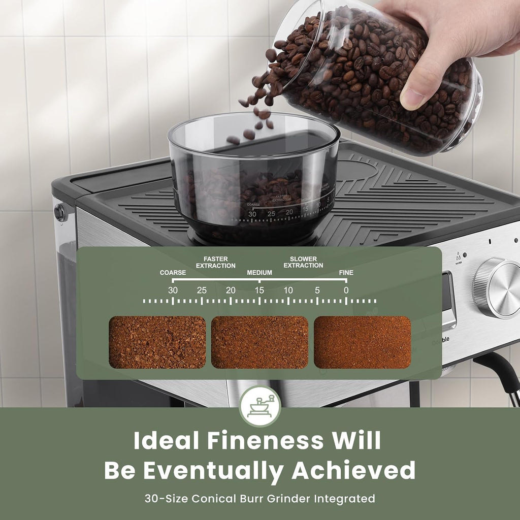 20 Bar Espresso Machine with Grinder & Steam Wand for Latte Cappuccino | Removable Water Tank, Powerful Milk Frother