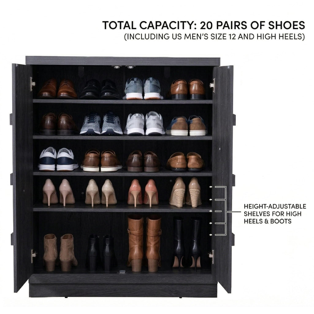 60-Pair Shoe Cabinet, 93.78" W x 14.76" D x 36.81" H Shoe Storage Cabinet, Shoe Rack with 12 Shelves and Doors, Fits