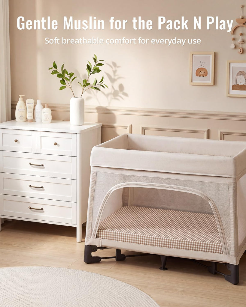 Muslin Mini Crib Sheets, 2 Pack, Beige Gingham&Brown Gingham