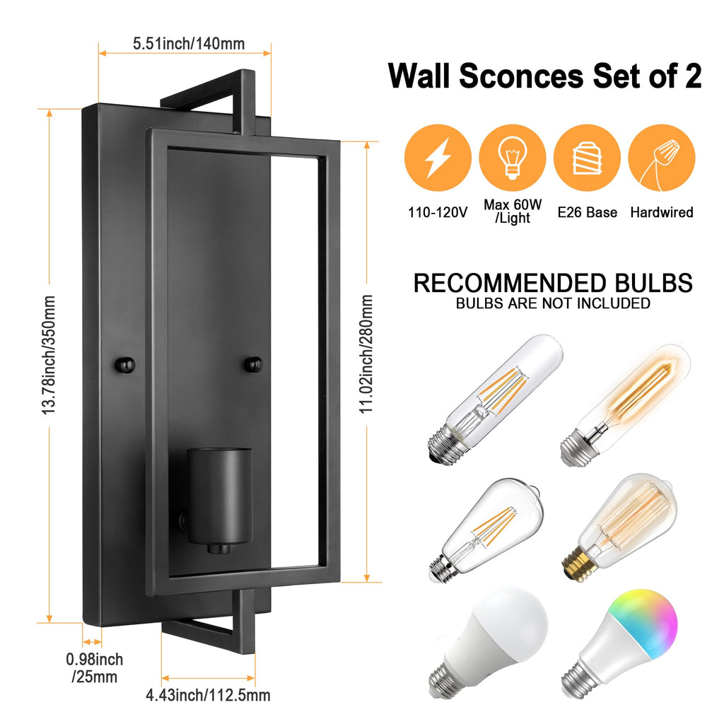 Industrial Wall Sconces Set of 2 Large, Black, Hardwired