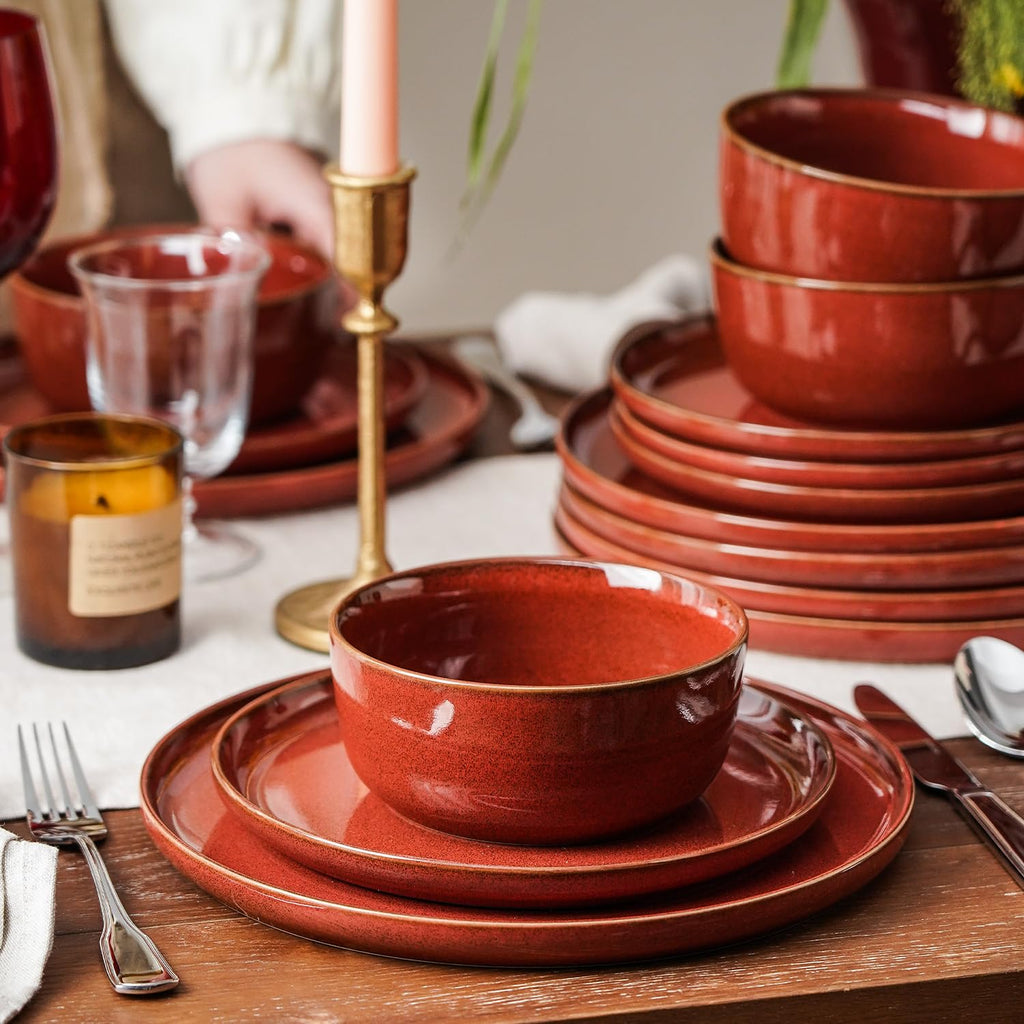 Stoneware Dinnerware Sets for 4, Reactive Glaze, Red