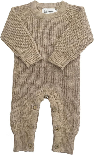 Cozy Baby 100% Cotton Knitted Romper, White Long Sleeve Jumpsuit, Winter Outfit, Button Closure