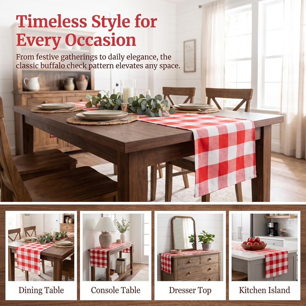 Red and White Checkered Table Runner 108 Inches Long, 4 Packs | Soft Cotton Linen, 14x108 Inch, Folded Hem, for