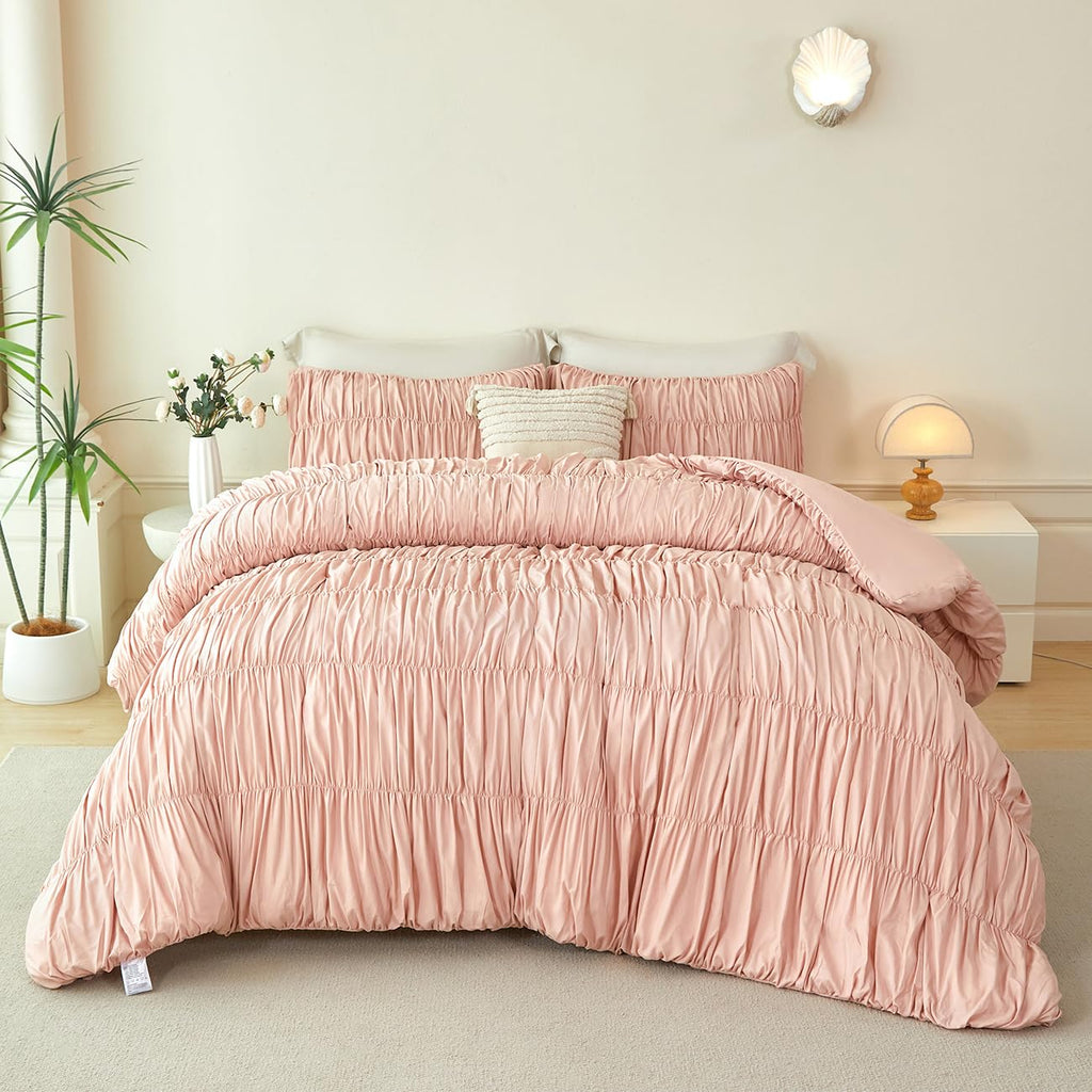 Blush Bed in a Bag 5-Piece Boho Ruched Bedding Comforter Set Soft Luxury Fluffy Pleated Textured Pink