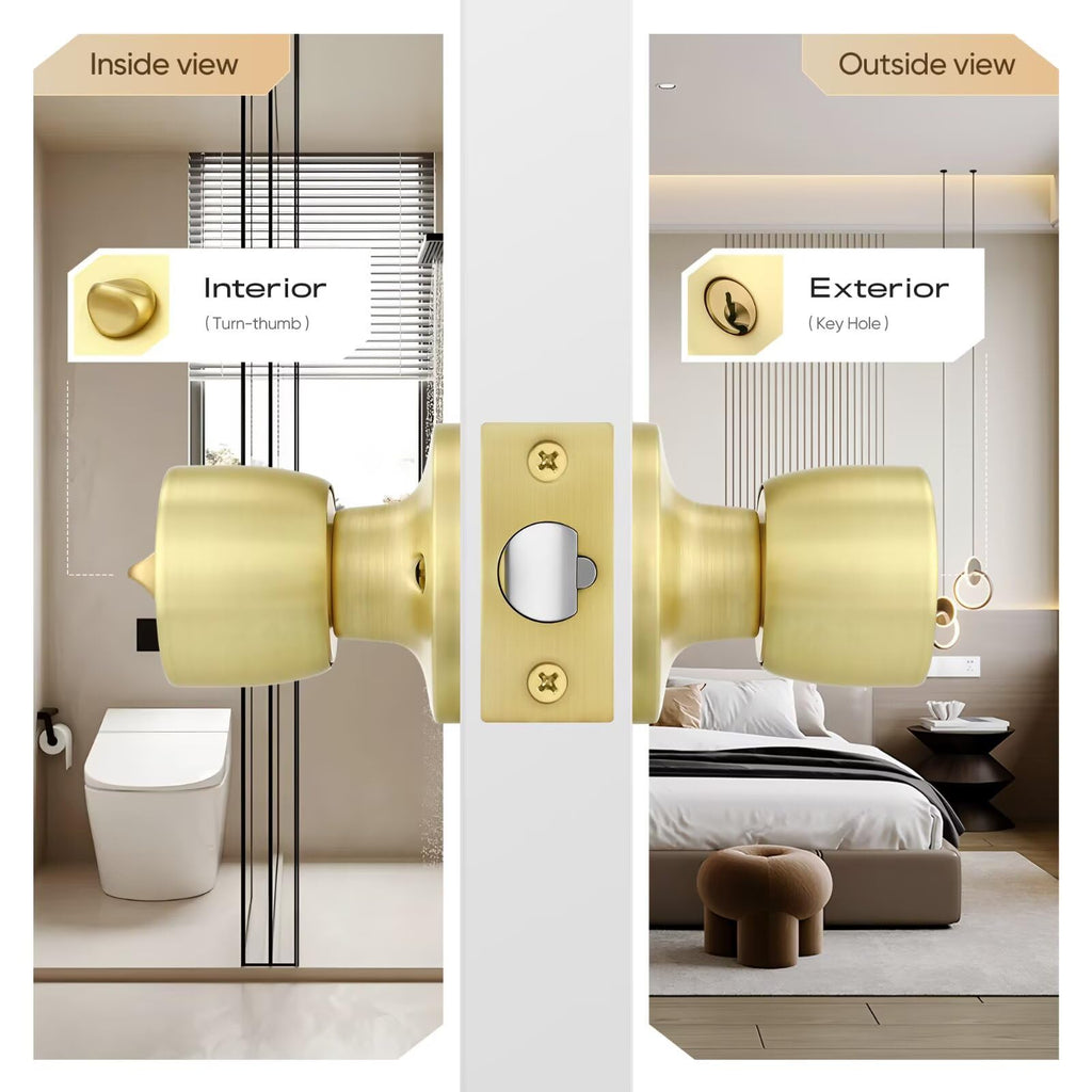 4 Pack Keyed-Alike Stainless Steel Door Knob Lock Gold Door Knobs with Keys, Adjustable 60-70mm Backset for 35-45mm