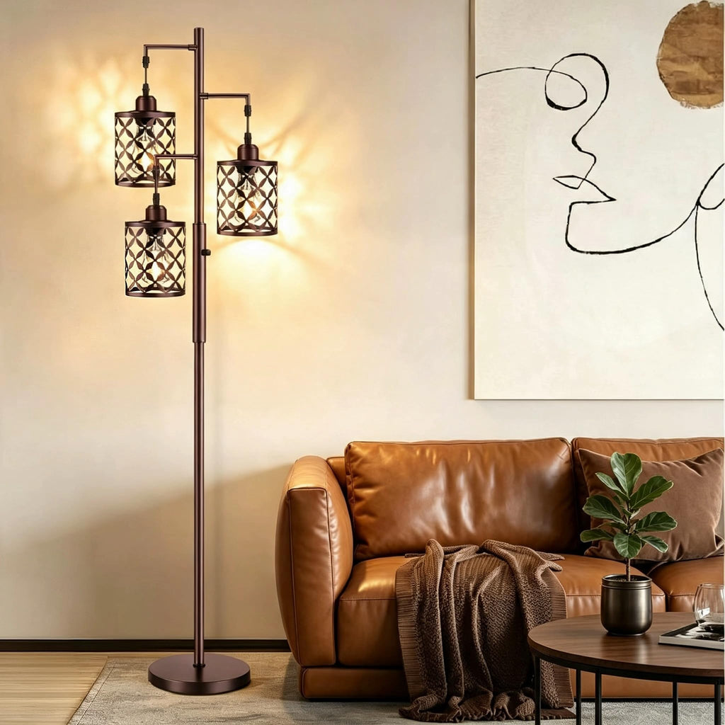 Industrial Tree Floor Lamp, 68" Dimmable Farmhouse Tall Standing Lamp with Quatrefoil Cutout Shades & Rotary Dimmer