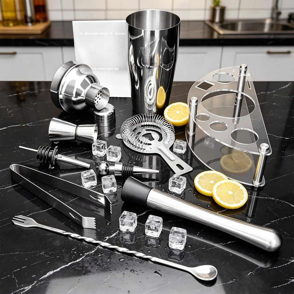 9-Piece Cocktail Shaker with Stand, 25oz Bartender Kit, Cocktail Shaker with Strainer Set, Bar Set Jigger - Set of 9