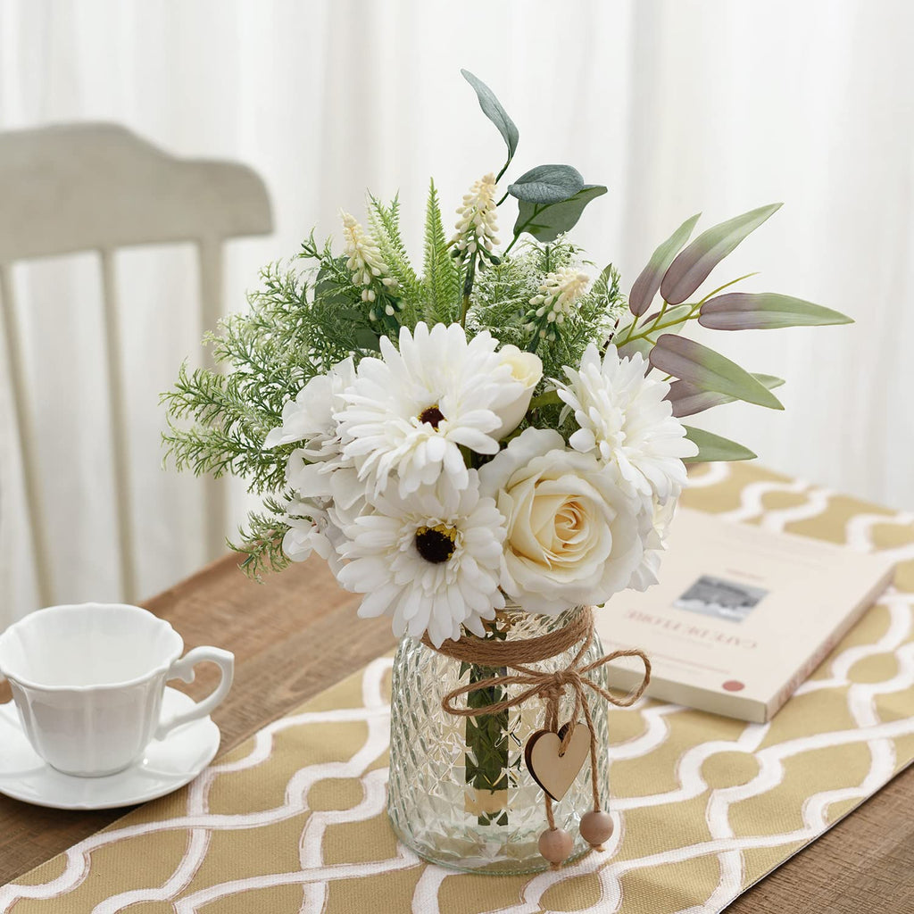 Artificial White Flowers with Vase, Fake Flowers Arrangement Decor, Faux Flowers for Farmhouse Coffee Table Decor