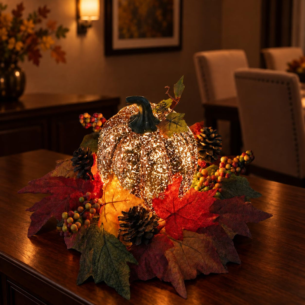 Lighted Pumpkin Fall Decor - LED Thanksgiving Decoration with Faux Maple Leaves, Berries, and Pinecones, Autumn