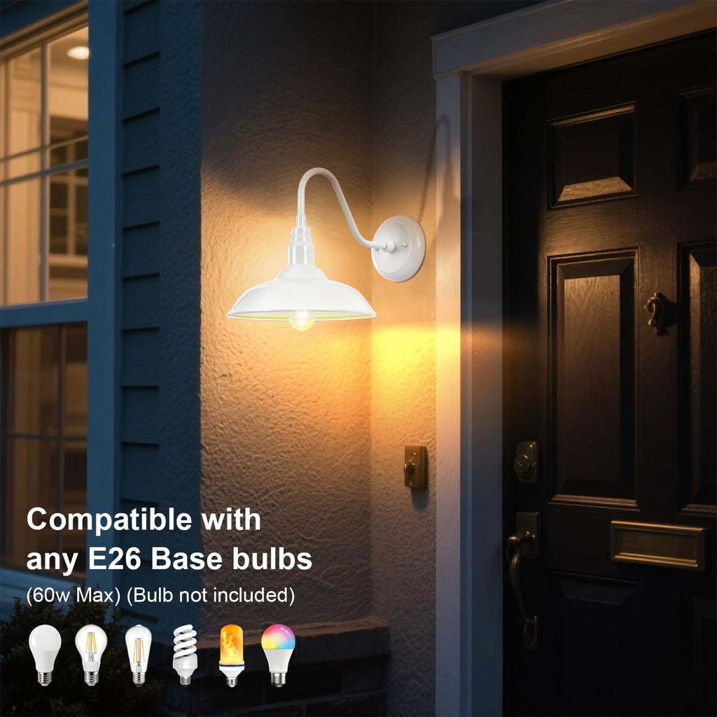 Outdoor Gooseneck Barn Light Fixture with Wall Mount, 10'' Diameter White Exterior Waterproof Wall Lantern for Porch