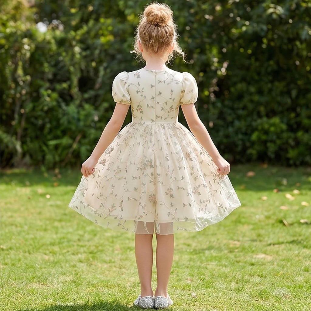 Kids Girls Short Sleeve Embroidery Floral Lace Tulle Dress