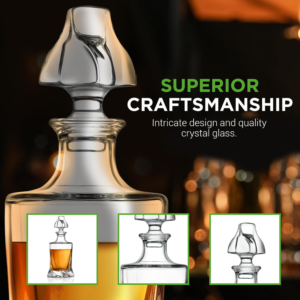 Glass Whiskey Decanter - Elegant Liquor Decanter for Scotch, Brandy, Bourbon, Rum, Gin, Vodka & Wine, Thick Bottom