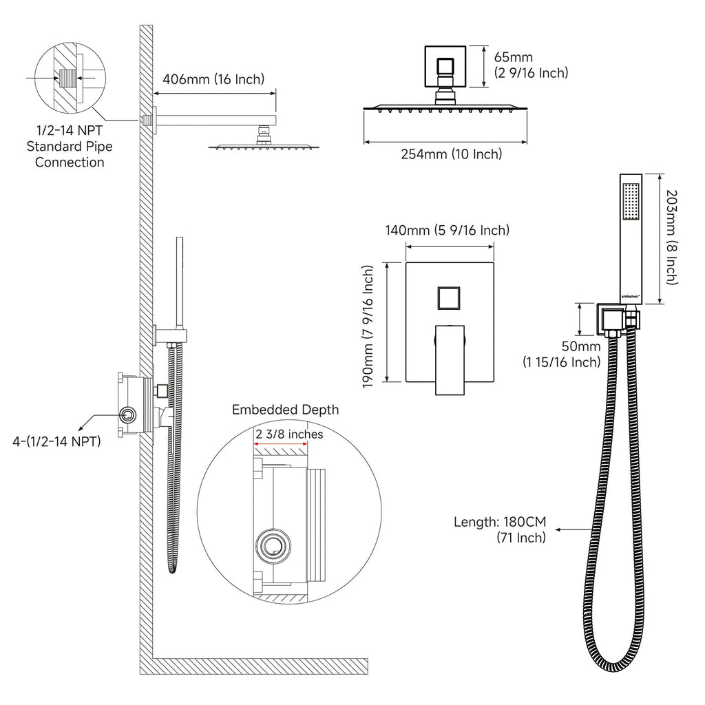 Shower System, 10 Inch High Pressure Wall Mounted Square Shower Faucet Set Complete With Handheld And Valve, Chrome