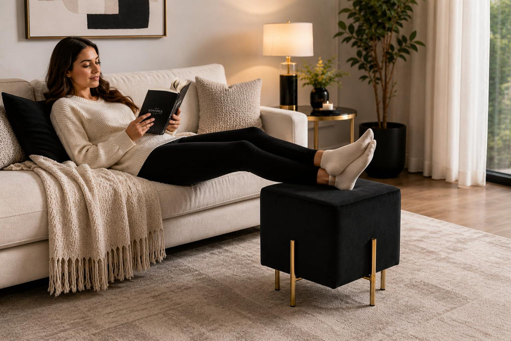 Black Velvet Foot Stool Set of 2, Modern Luxury Vanity Ottoman Stools with Gold Legs, Cube Accent Foot Rest Bedroom