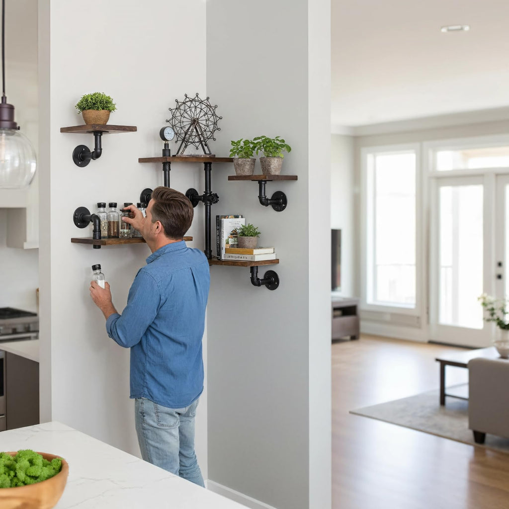 Industrial Pipe Shelves, Wall Ladder Shelving, Corner Wood Bookshelf
